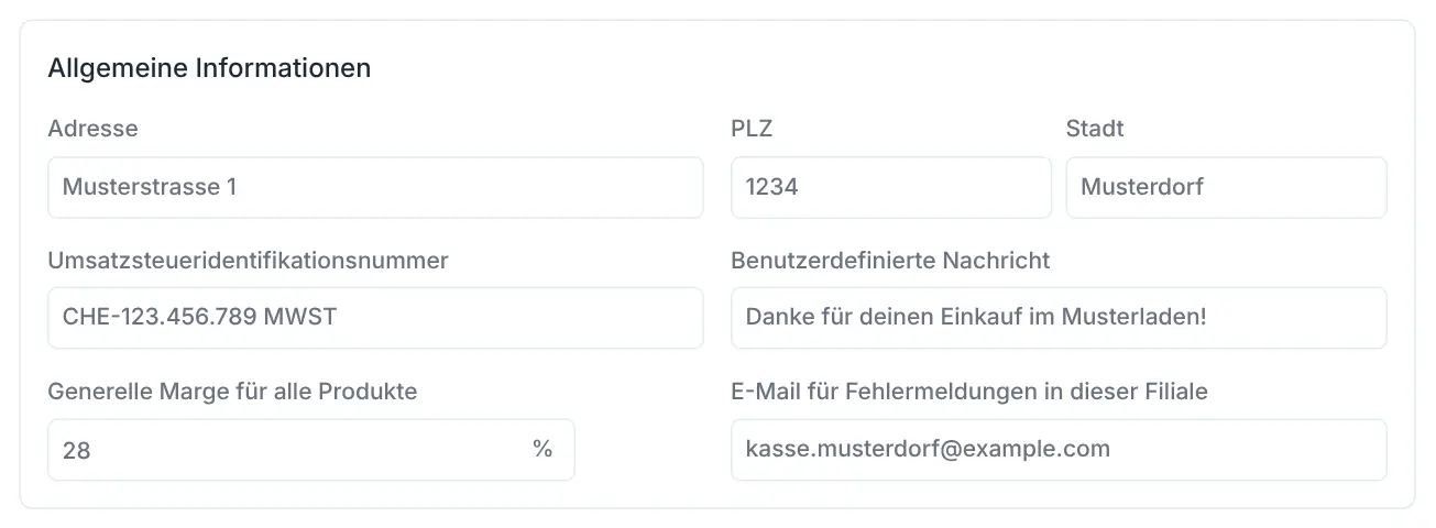 Abschnitt Allgemeine Informationen einer Filiale mit Adresse, MWST-Nummer, Nachricht und Marge