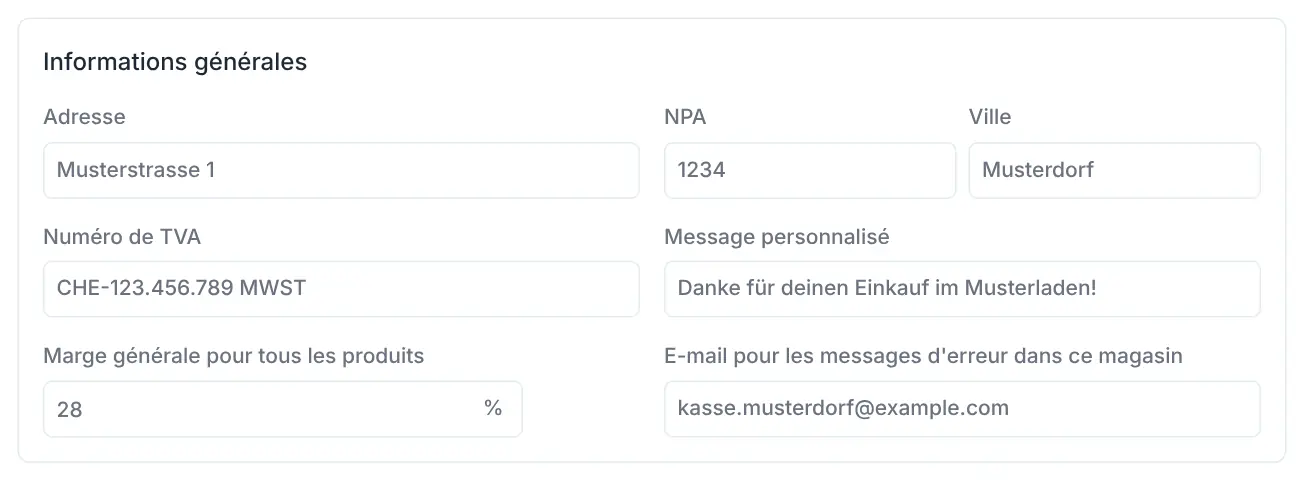 Section Informations générales d'un magasin avec adresse, numéro de TVA, message et marge