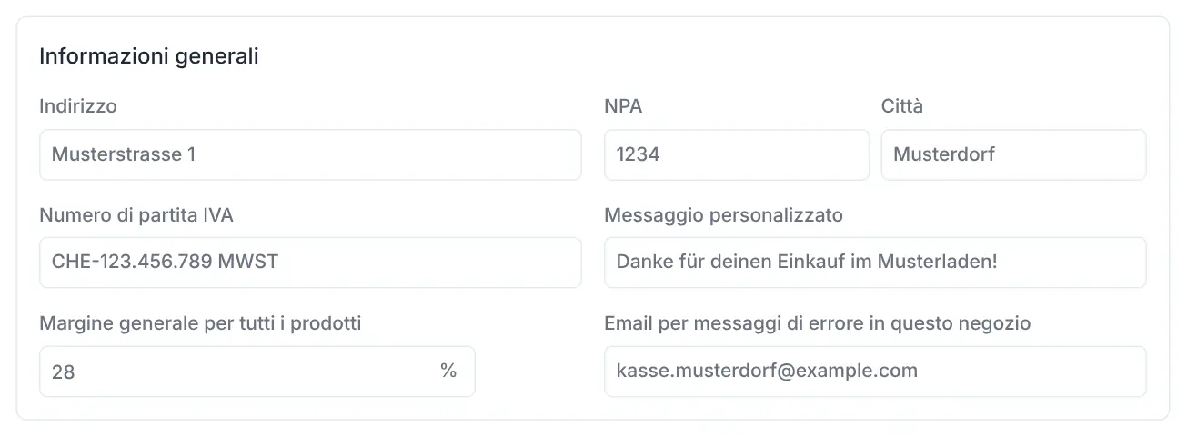 Sezione Informazioni generali di un negozio con indirizzo, numero IVA, messaggio e margine