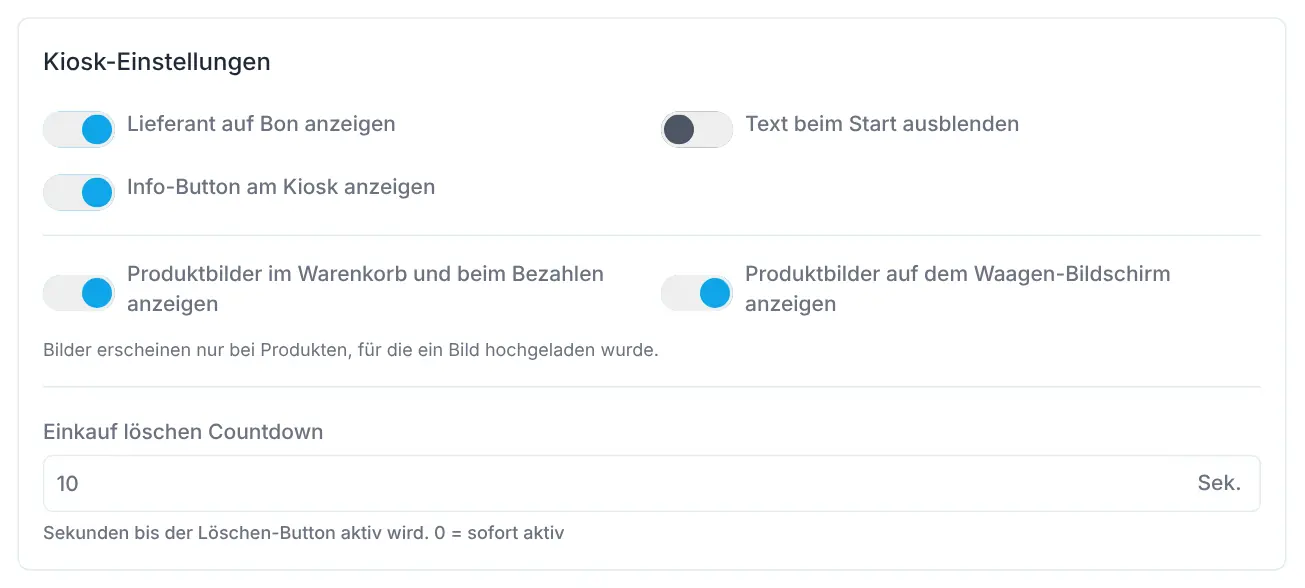 Abschnitte Kiosk-Einstellungen, Spracheinstellungen und Darstellung einer Filiale