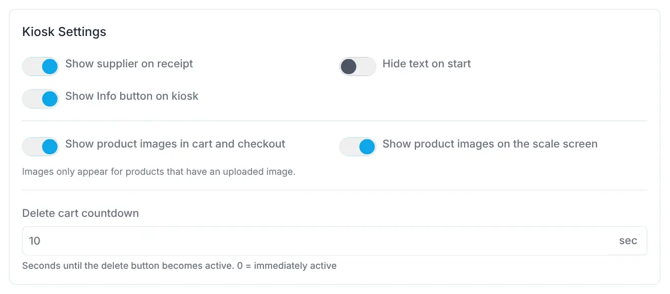 Kiosk Settings, Language Settings and Appearance sections of a store