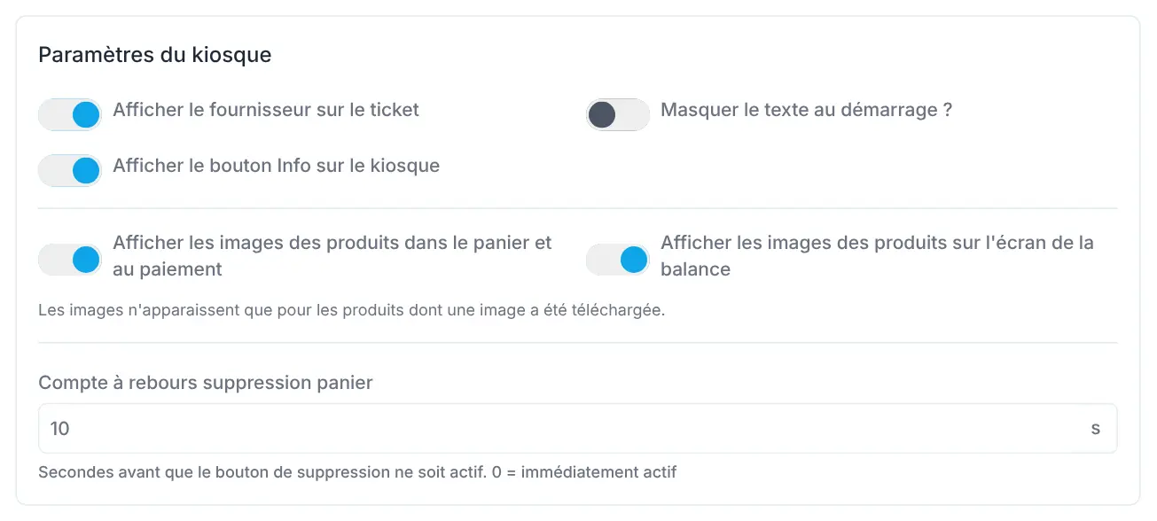 Sections Paramètres du kiosque, Paramètres de langue et Apparence d'un magasin