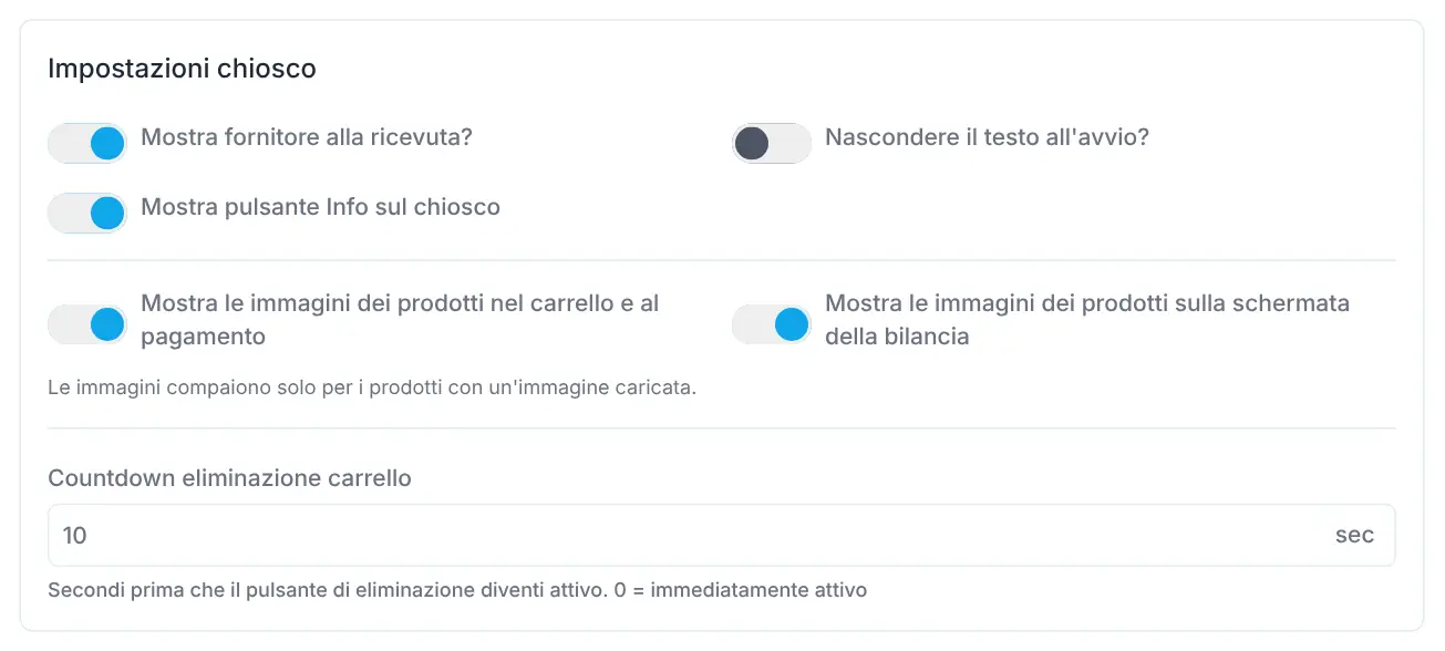 Sezioni Impostazioni chiosco, Impostazioni lingua e Aspetto di un negozio