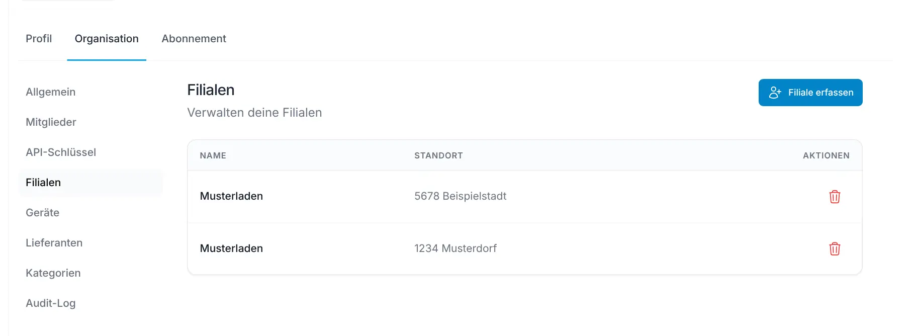 Liste der Filialen mit den Spalten Name und Standort