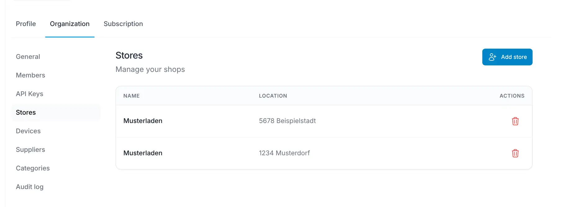 List of stores with the columns Name and Location