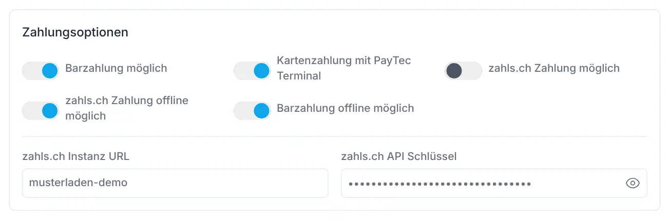 Abschnitt Zahlungsoptionen mit Schaltern für Bargeld, PayTec und zahls.ch