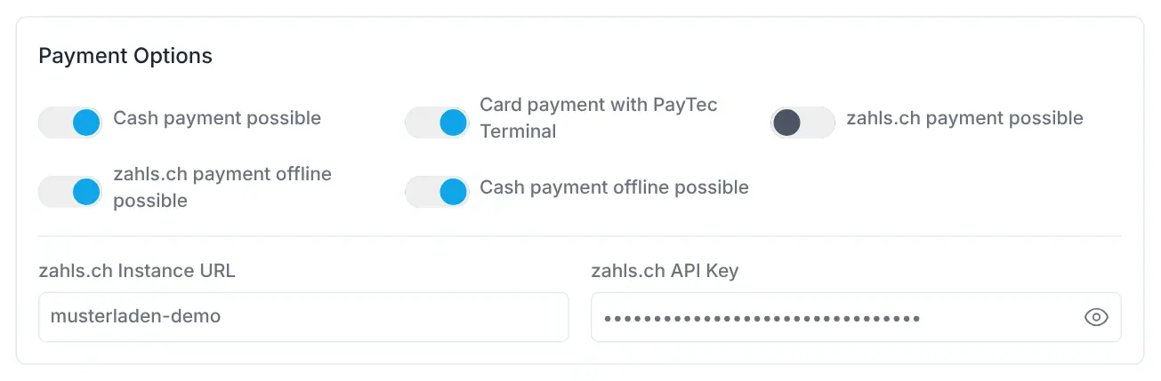 Payment Options section with switches for cash, PayTec and zahls.ch