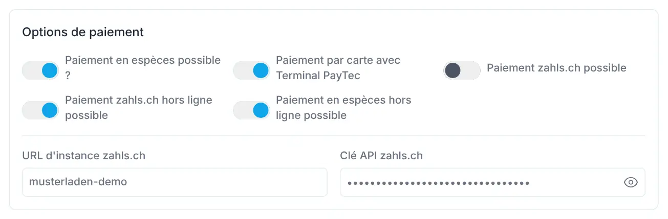 Section Options de paiement avec interrupteurs pour espèces, PayTec et zahls.ch