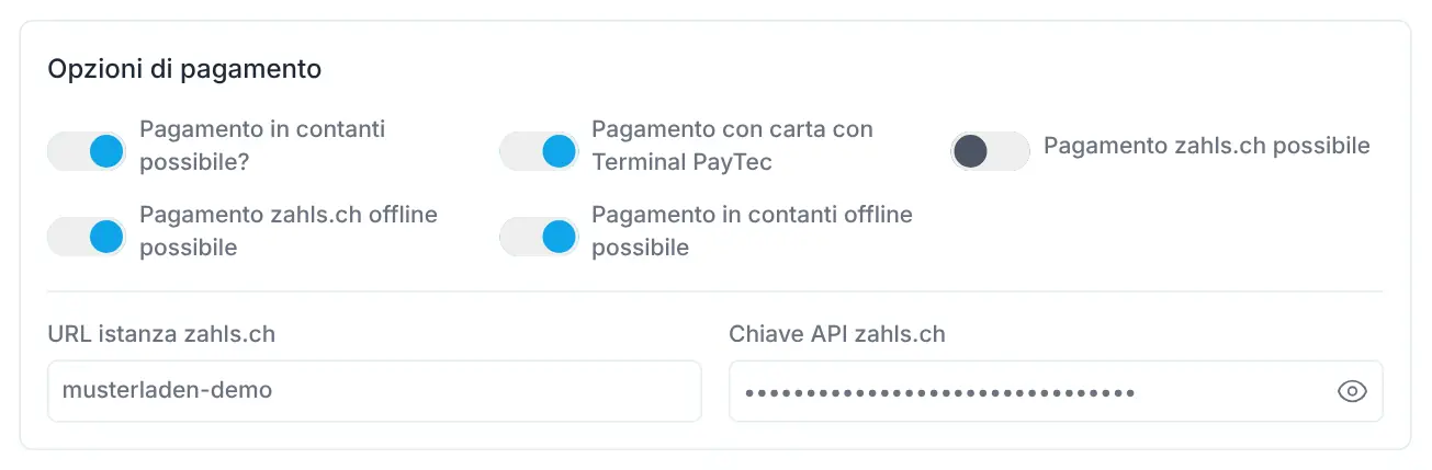 Sezione Opzioni di pagamento con interruttori per contanti, PayTec e zahls.ch