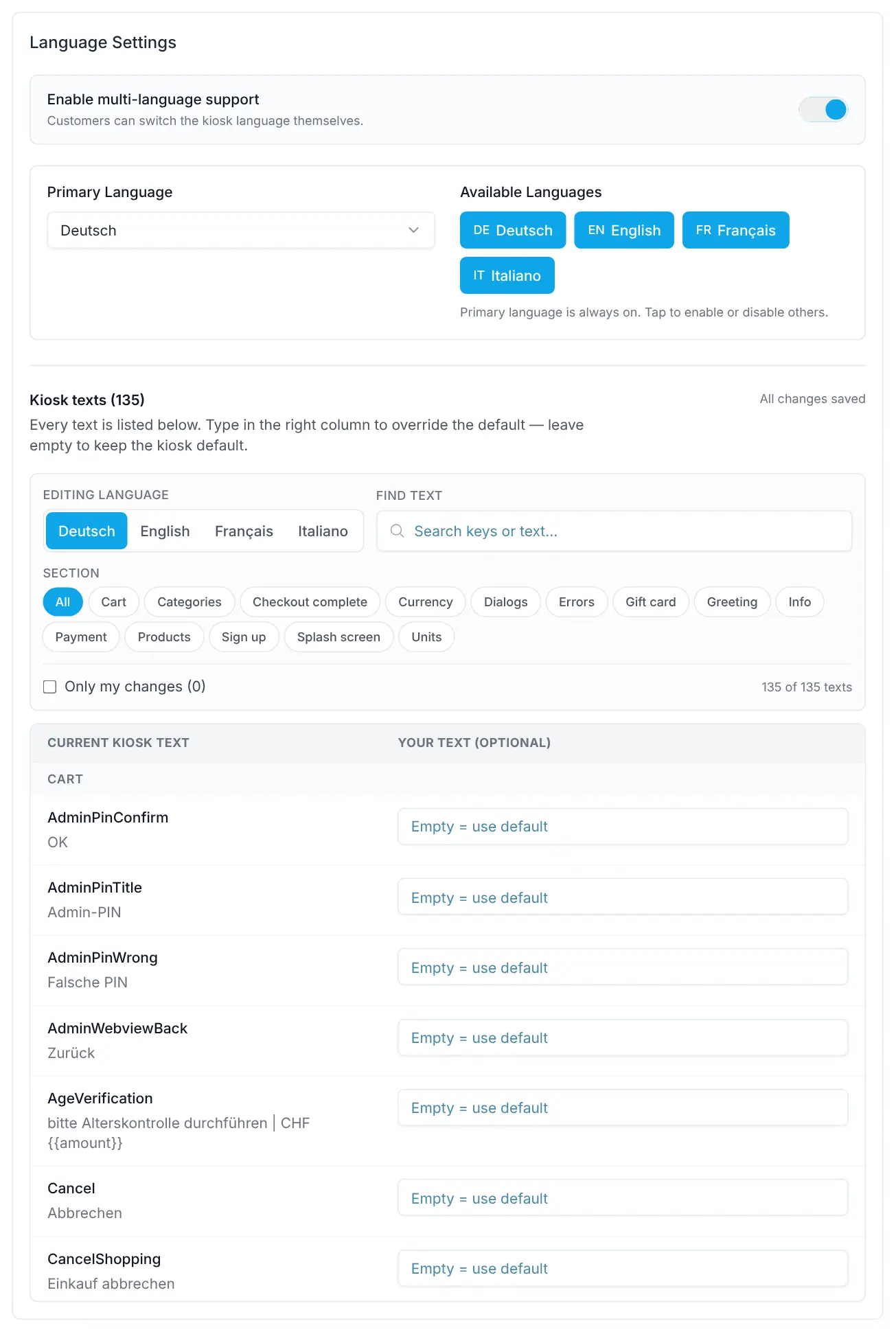 Kiosk texts with search, section filter and the columns Current kiosk text and Your text