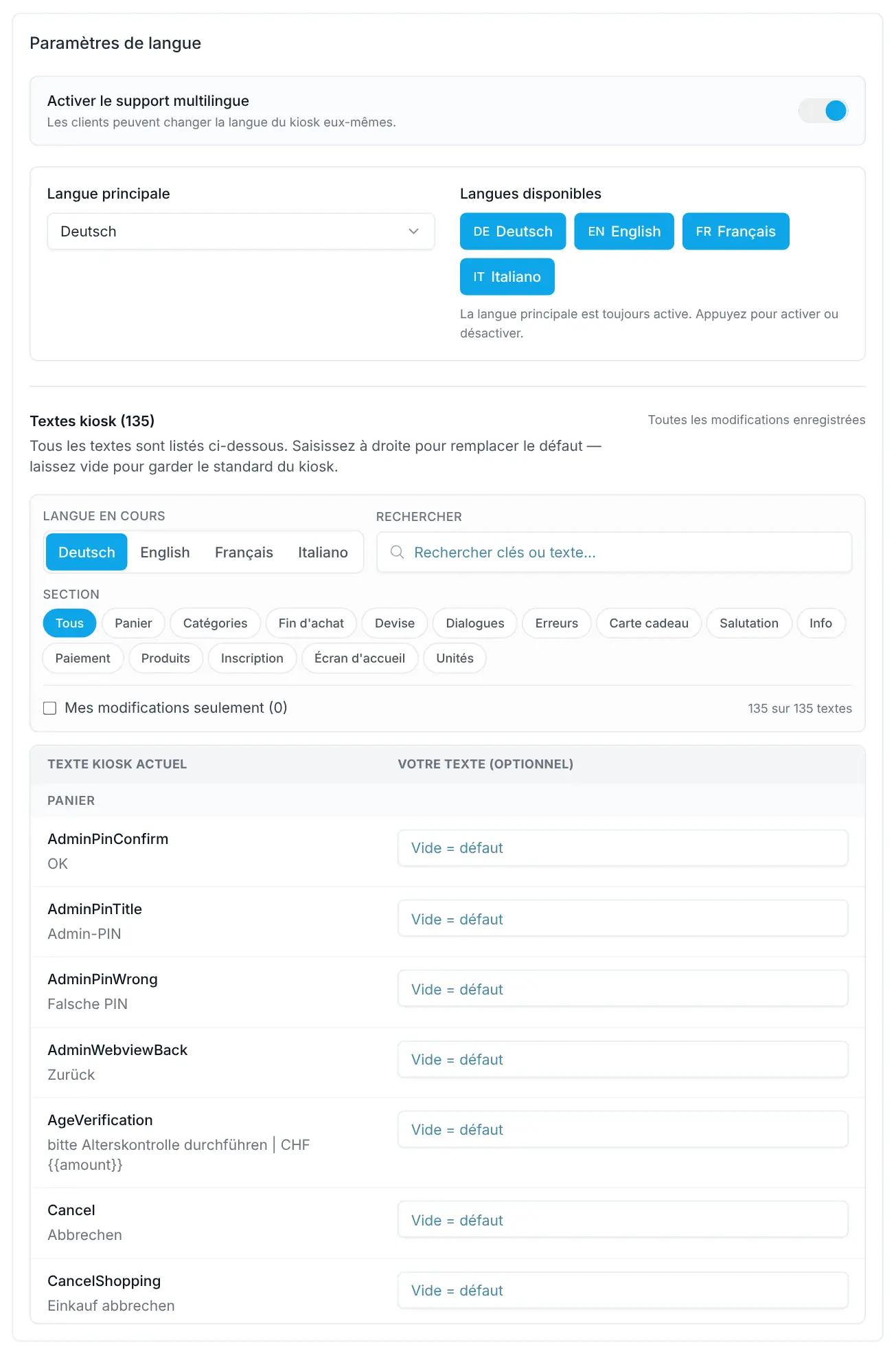 Textes du kiosque avec recherche, filtre de section et colonnes Texte kiosk actuel et Votre texte