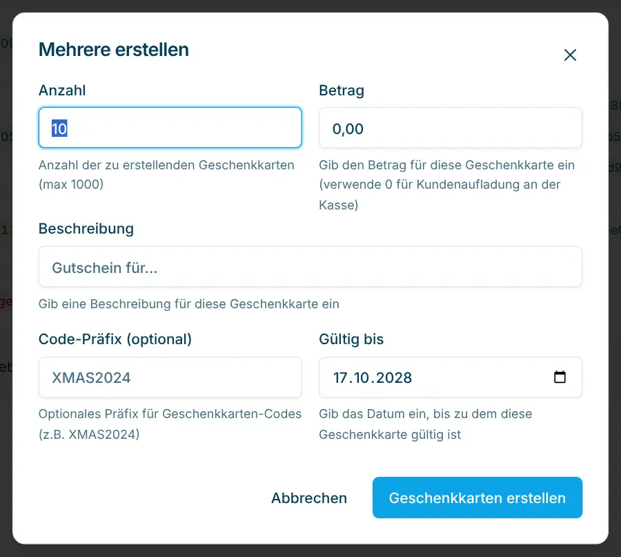 Dialog Mehrere erstellen mit Anzahl, Betrag, Beschreibung, Code-Präfix und Gültig bis