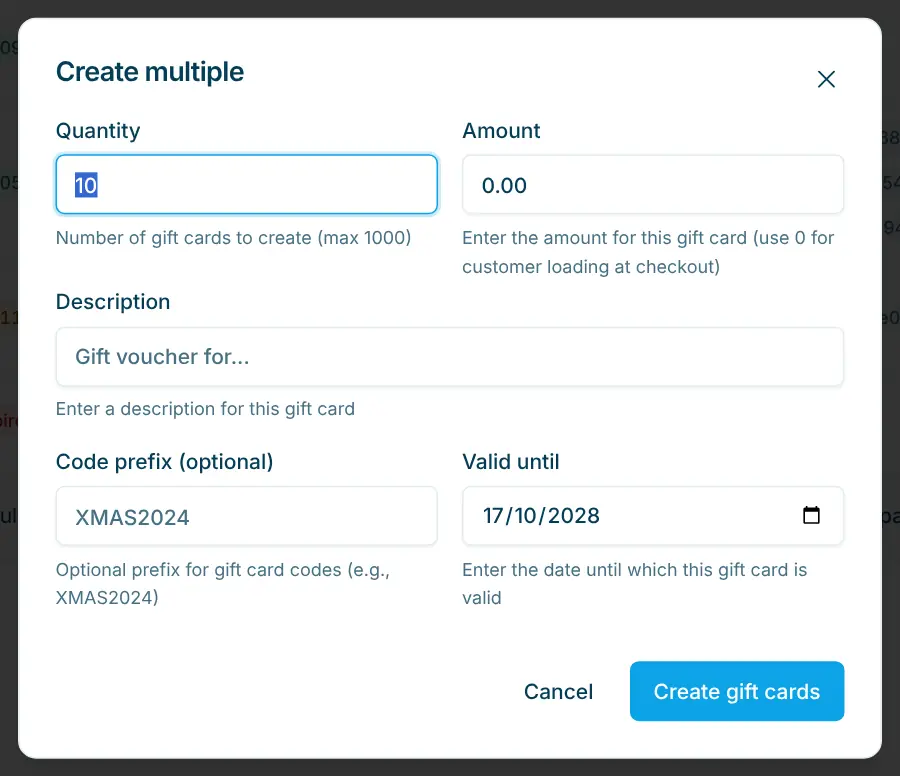 Create Multiple dialog with Quantity, Amount, Description, Code Prefix and Valid until