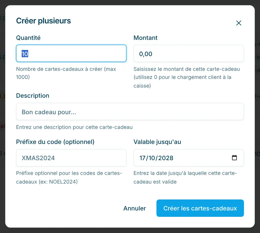 Boîte de dialogue Créer plusieurs avec Quantité, Montant, Description, Préfixe du code et Valable jusque