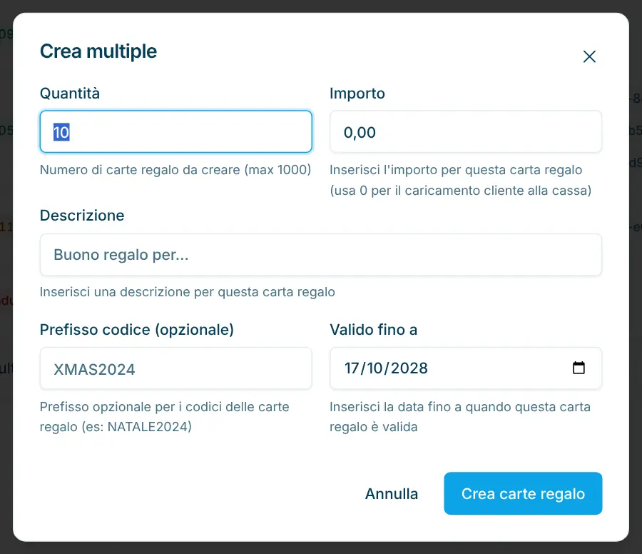 Finestra Crea multiple con Quantità, Importo, Descrizione, Prefisso codice e Valido fino a