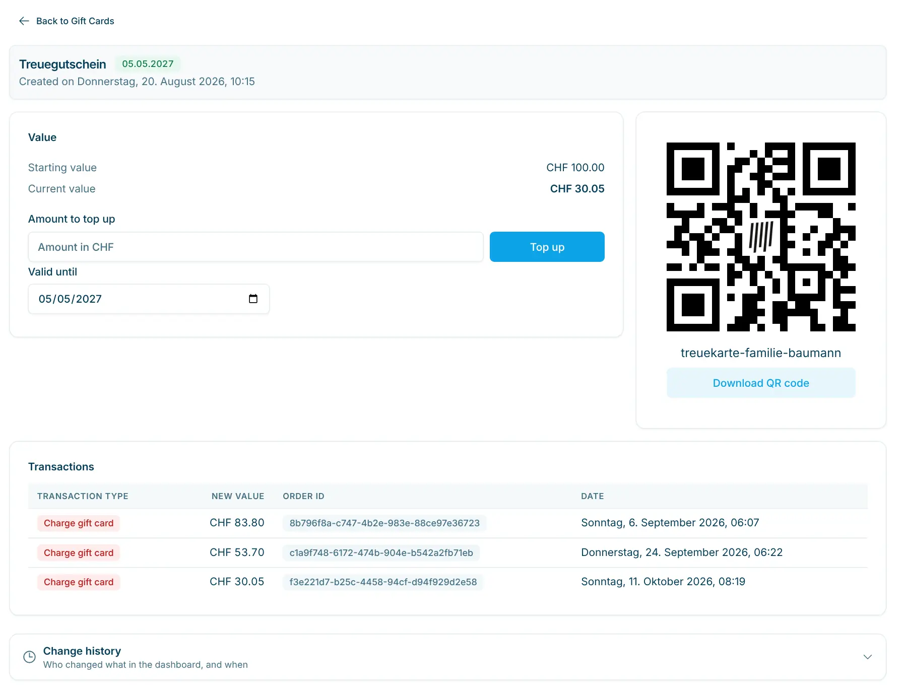 Detail page of a gift card with expiration date, value, top-up and transactions