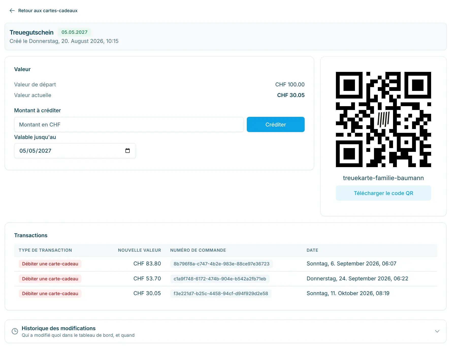 Page de détail d'une carte cadeau avec date d'expiration, valeur, recharge et transactions