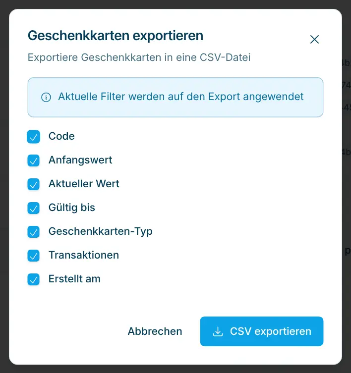 Dialog Geschenkkarten exportieren mit Auswahl der Spalten