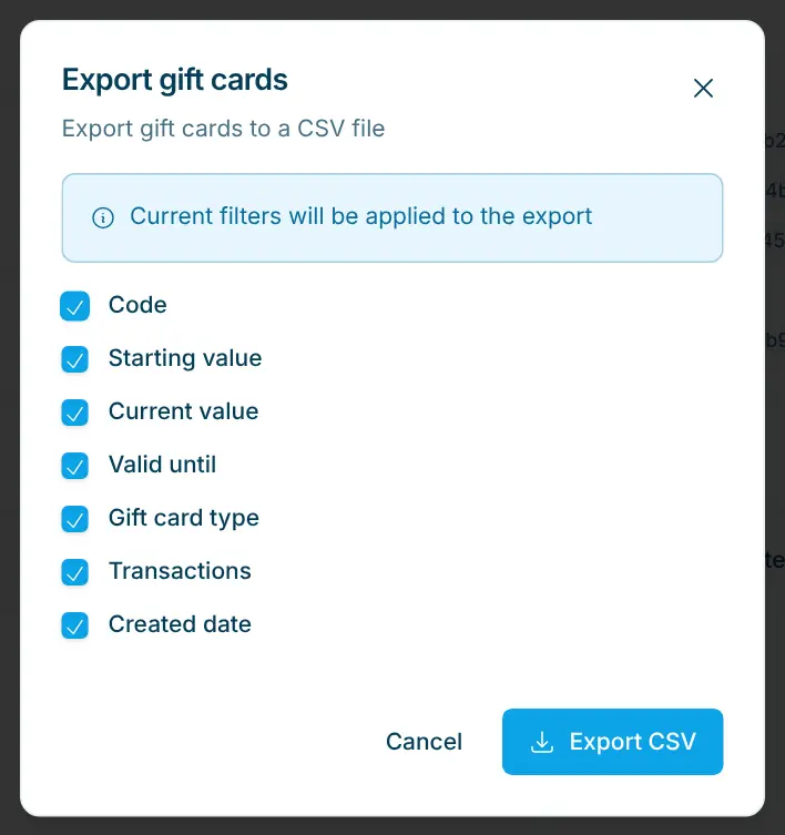 Export Gift Cards dialog with column selection