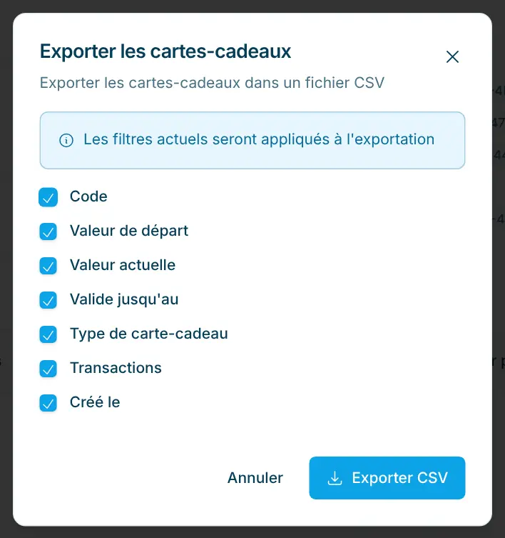 Boîte de dialogue Exporter les cartes-cadeaux avec choix des colonnes