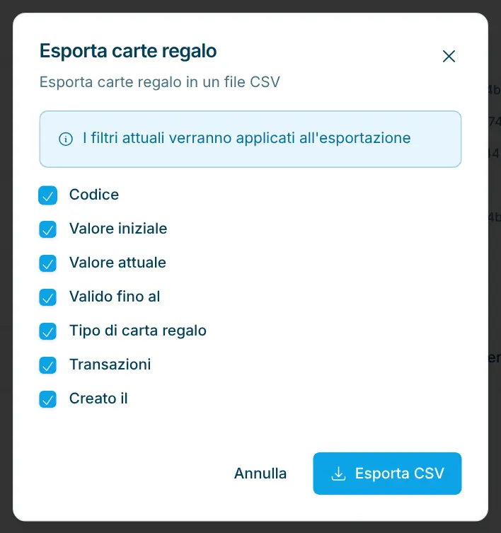 Finestra Esporta carte regalo con scelta delle colonne