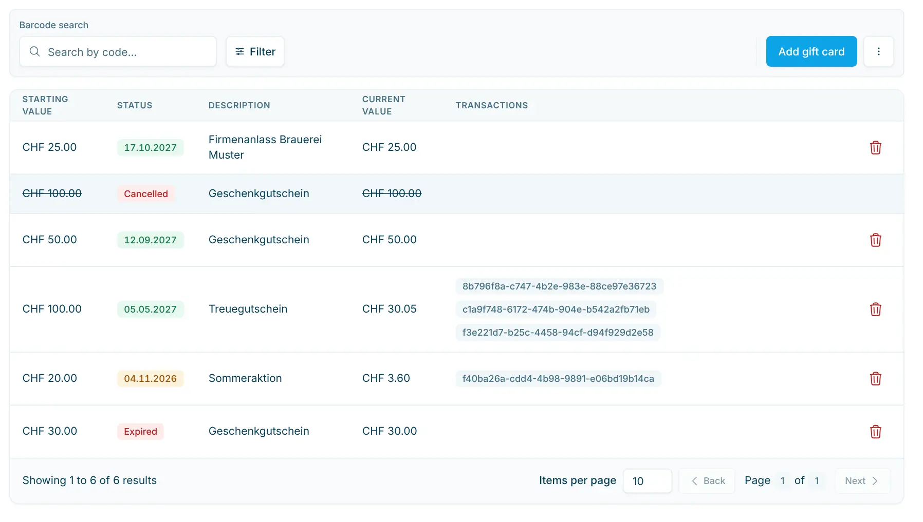 List of gift cards with filters and coloured status