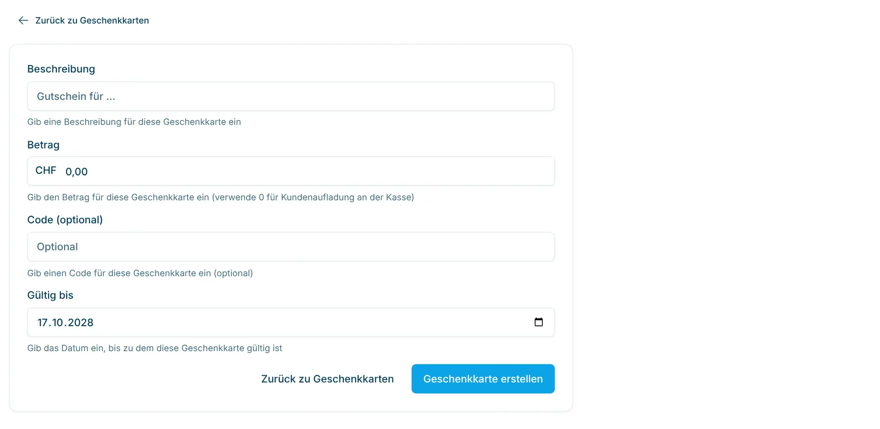 Formular Neue Geschenkkarte mit Beschreibung, Betrag, Gültig bis und Code