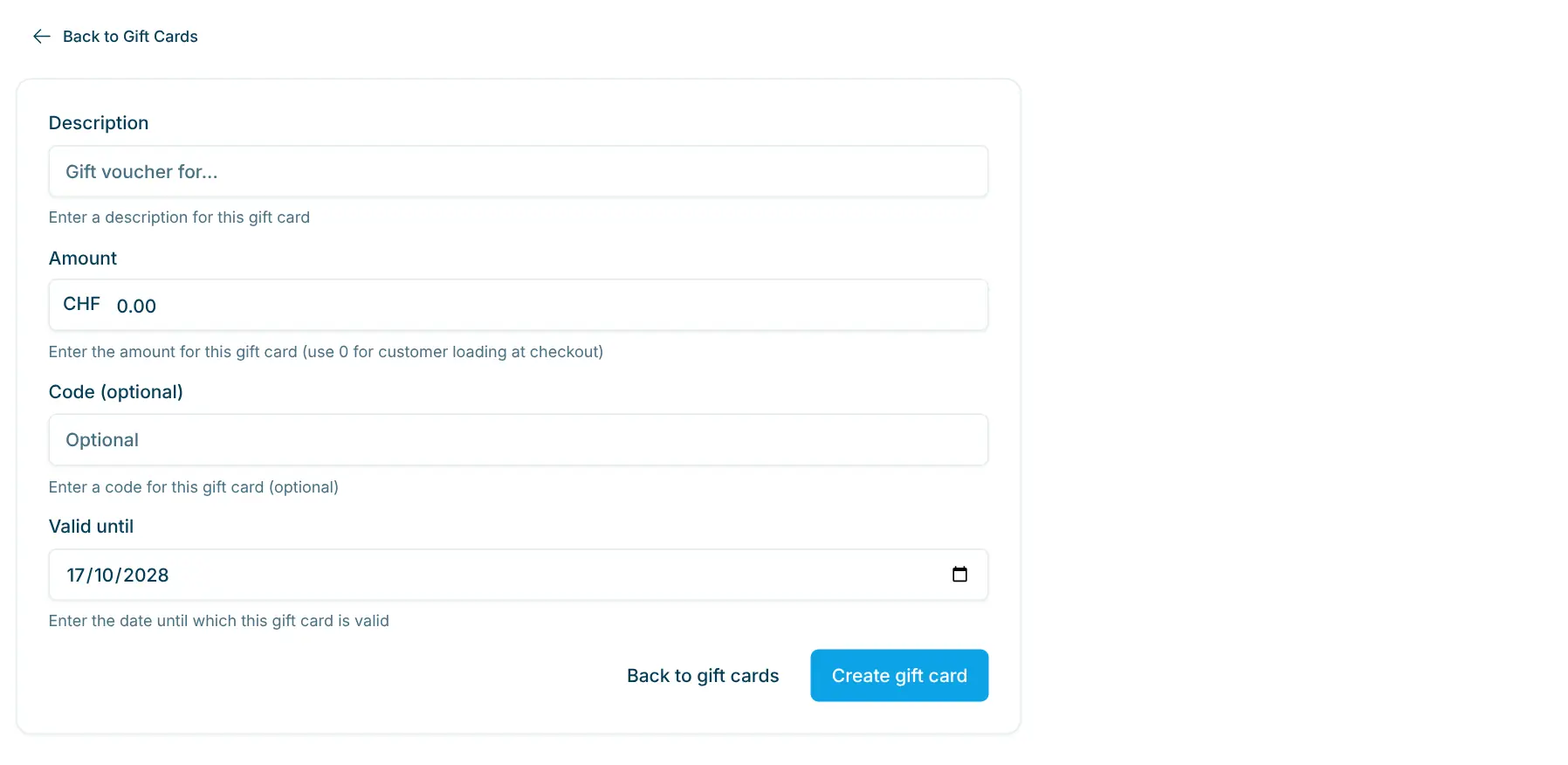 New gift card form with Description, Amount, Valid until and Code