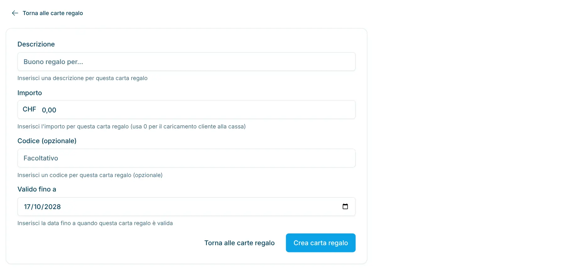 Modulo Nuova carta regalo con Descrizione, Importo, Valido fino a e Codice