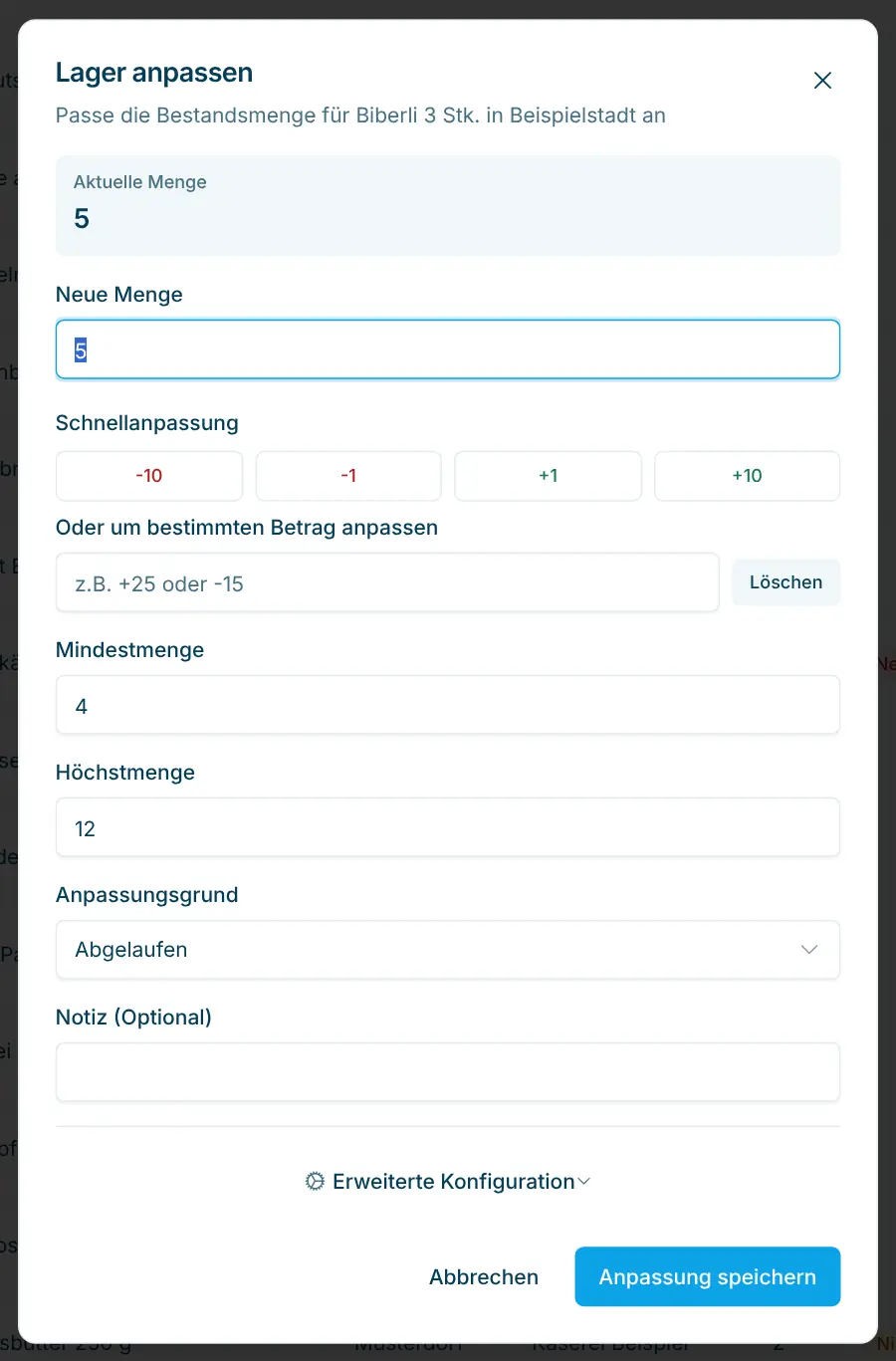 Dialog Lager anpassen mit Schnellanpassung und Anpassungsgrund
