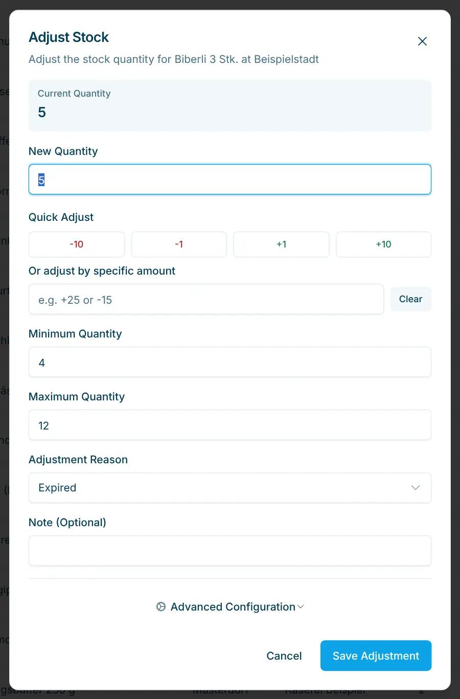 Adjust Stock dialog with quick adjust and adjustment reason