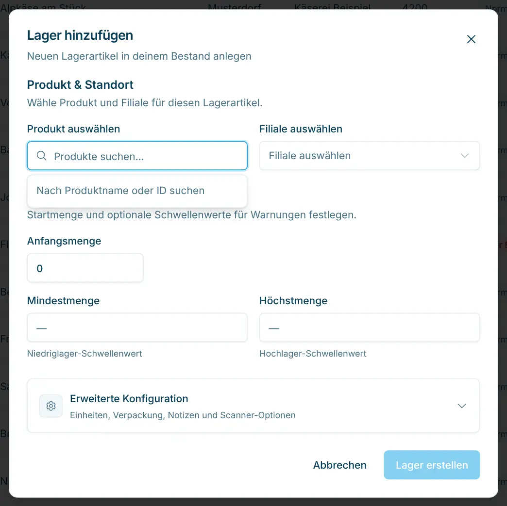 Dialog Lager hinzufügen mit Produkt, Filiale und Bestandsmengen