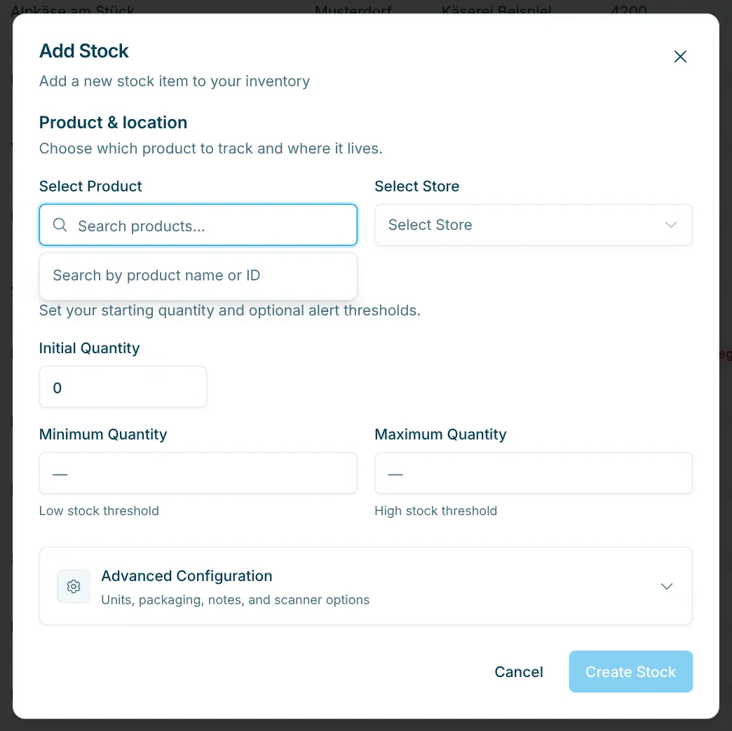 Add Stock dialog with product, store and stock levels
