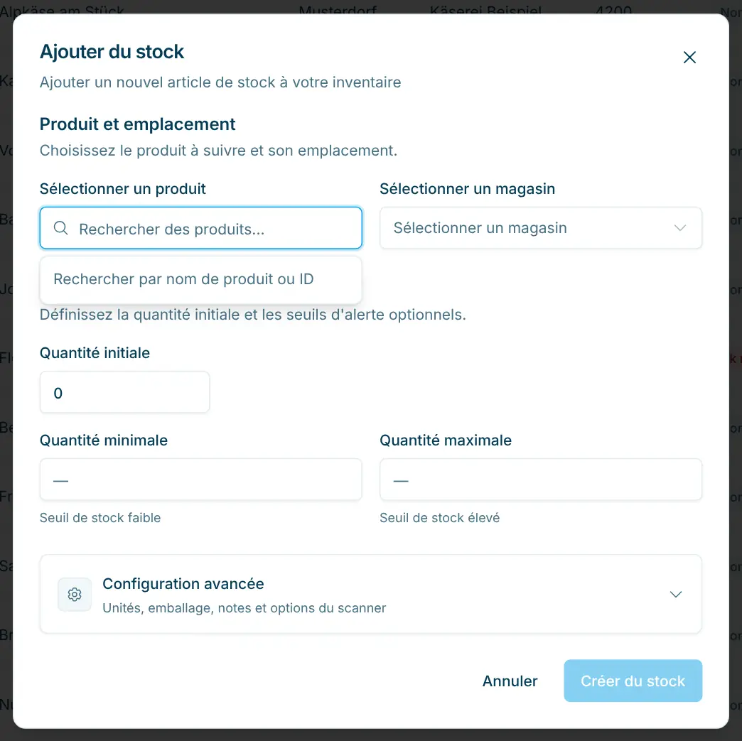 Dialogue Ajouter du stock avec produit, magasin et niveaux de stock