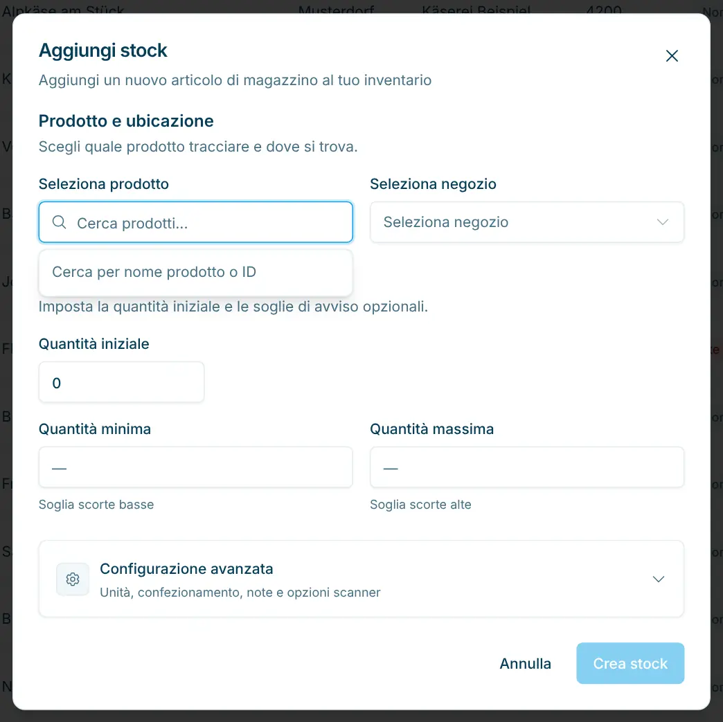 Finestra Aggiungi magazzino con prodotto, negozio e livelli di stock