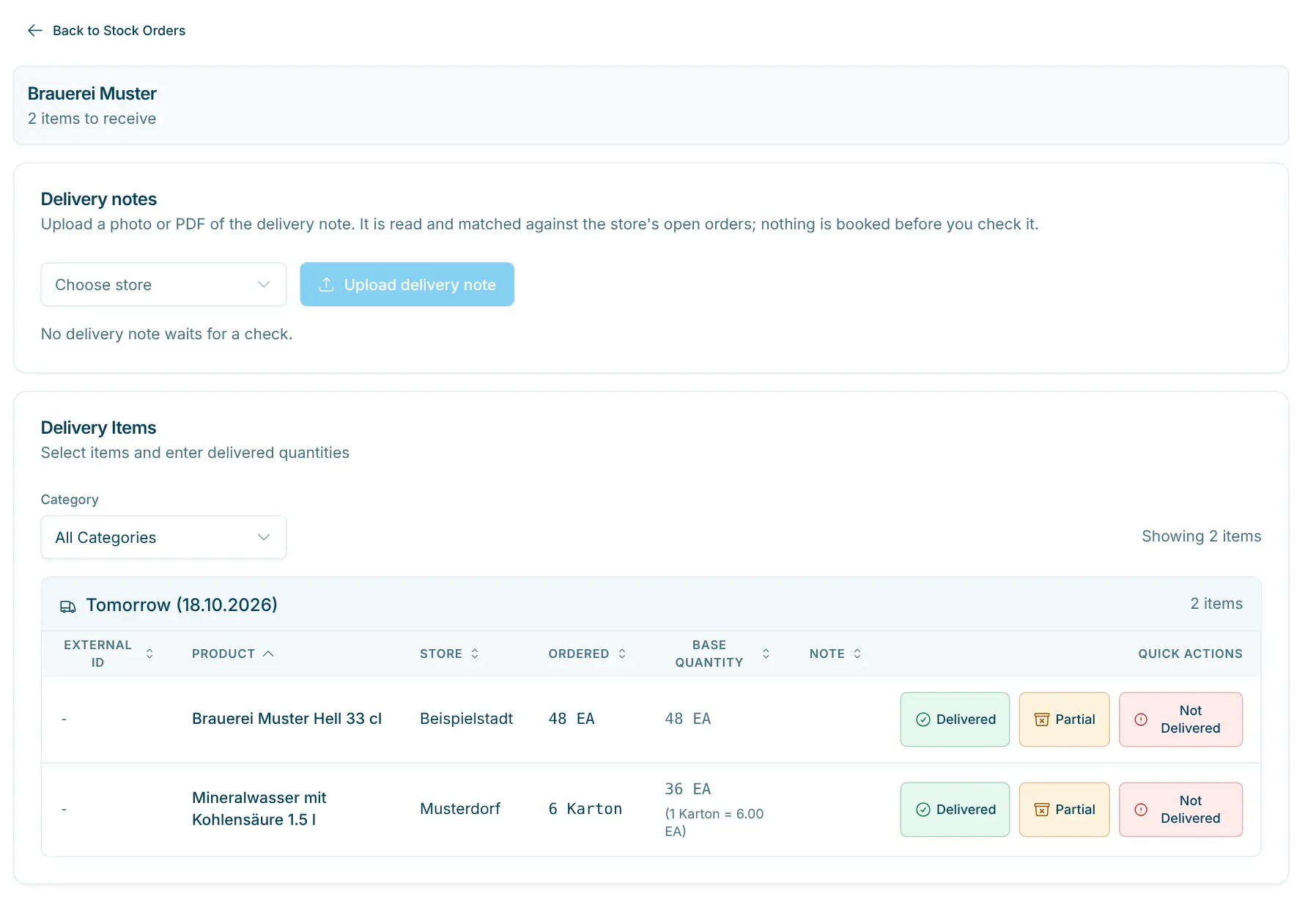 Process Delivery page with quick actions per line