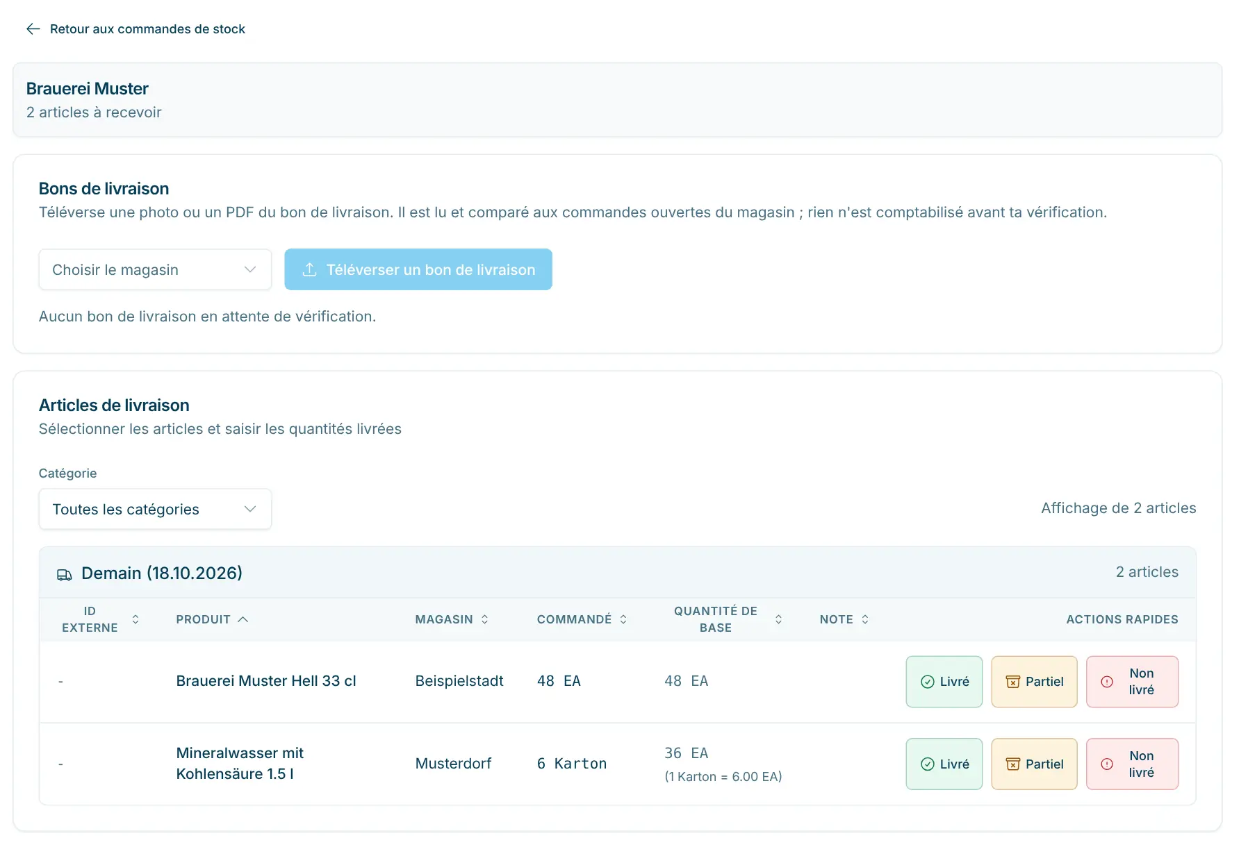 Page Traiter la livraison avec actions rapides par ligne