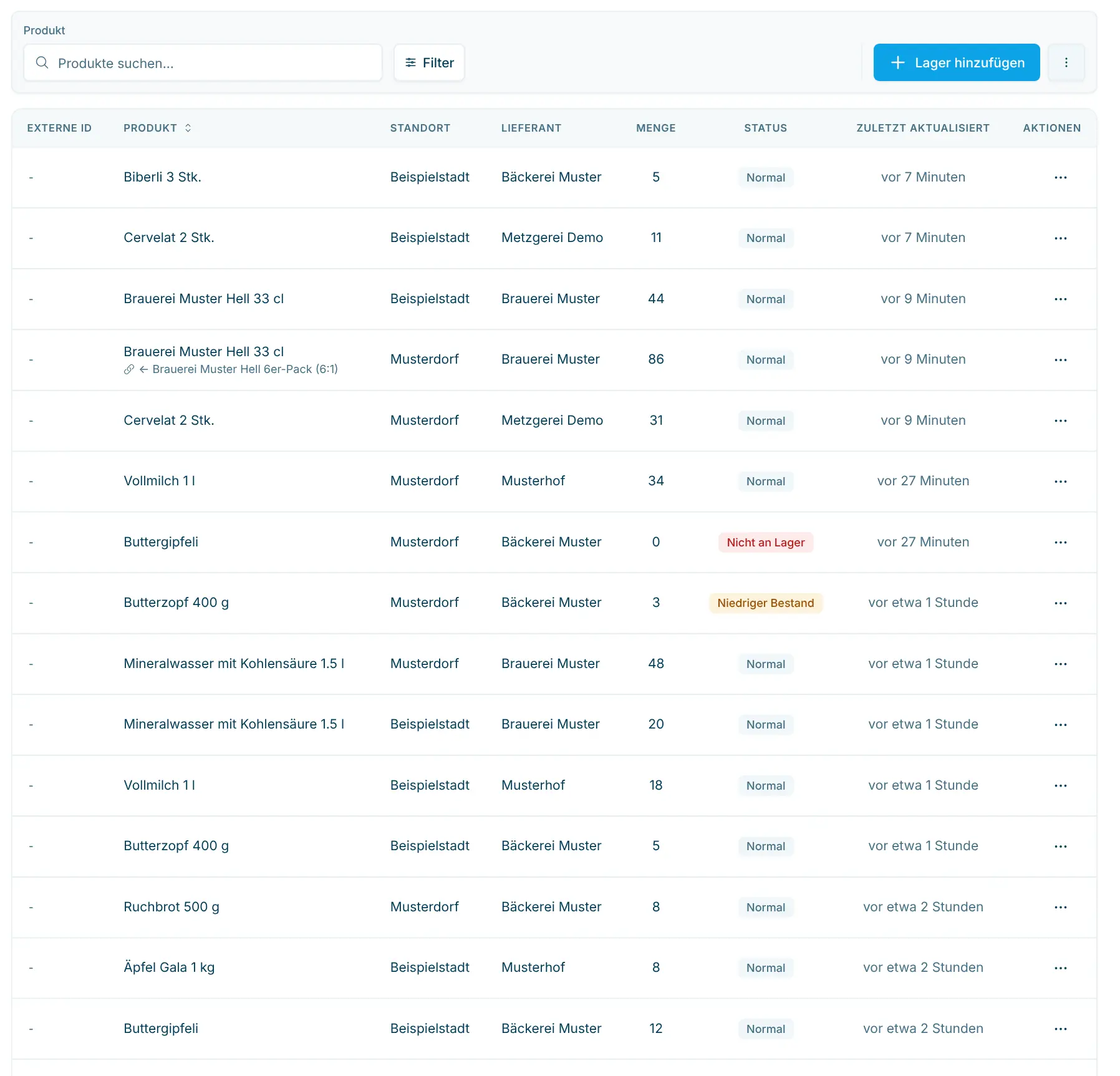 Lagerliste mit Filtern, Mengen und Status