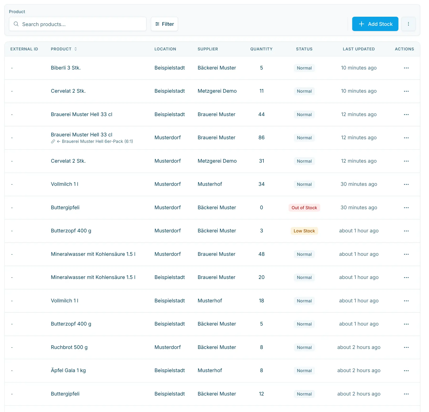 Stock list with filters, quantities and status