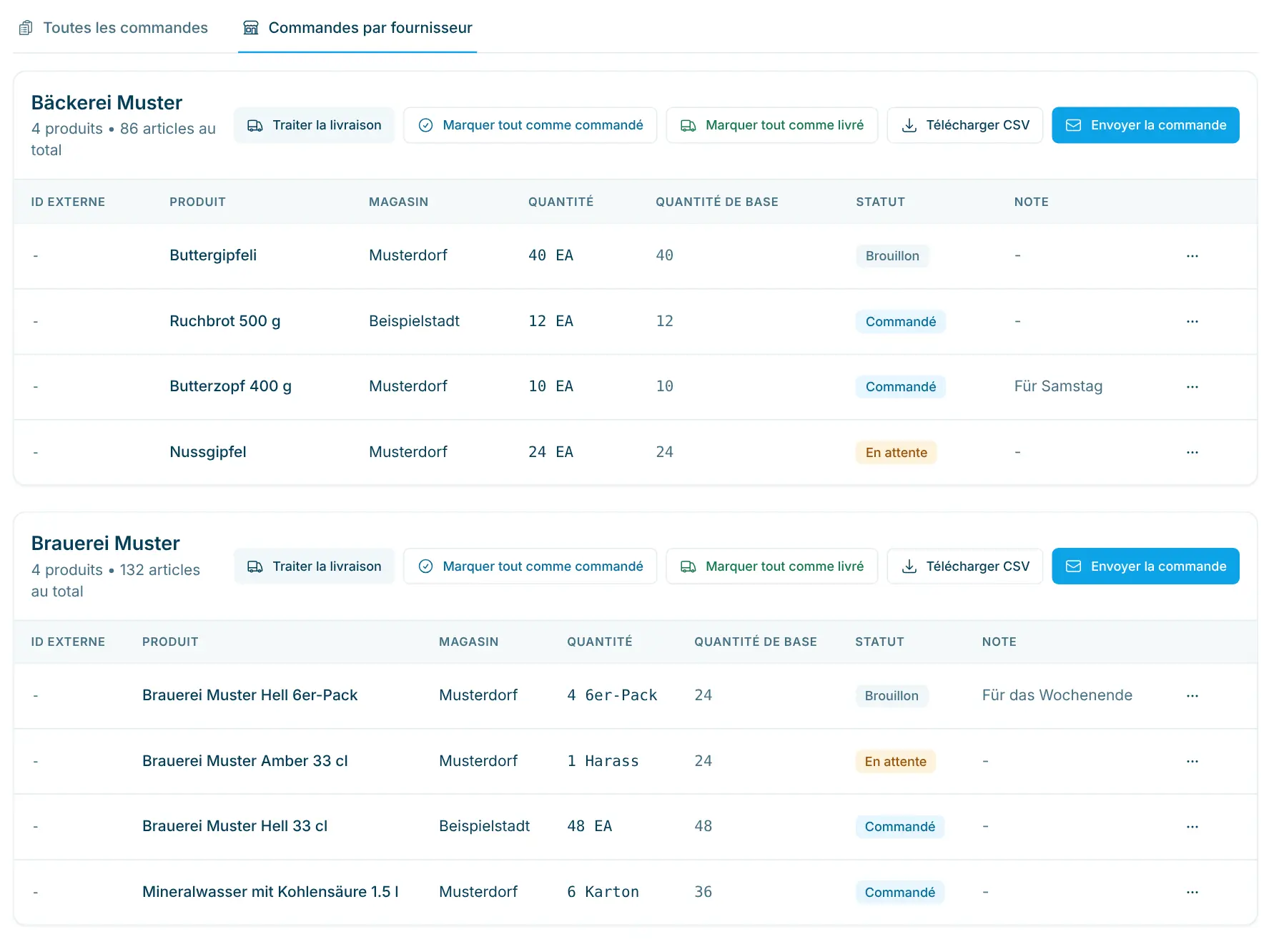 Commandes de stock groupées par fournisseur avec actions