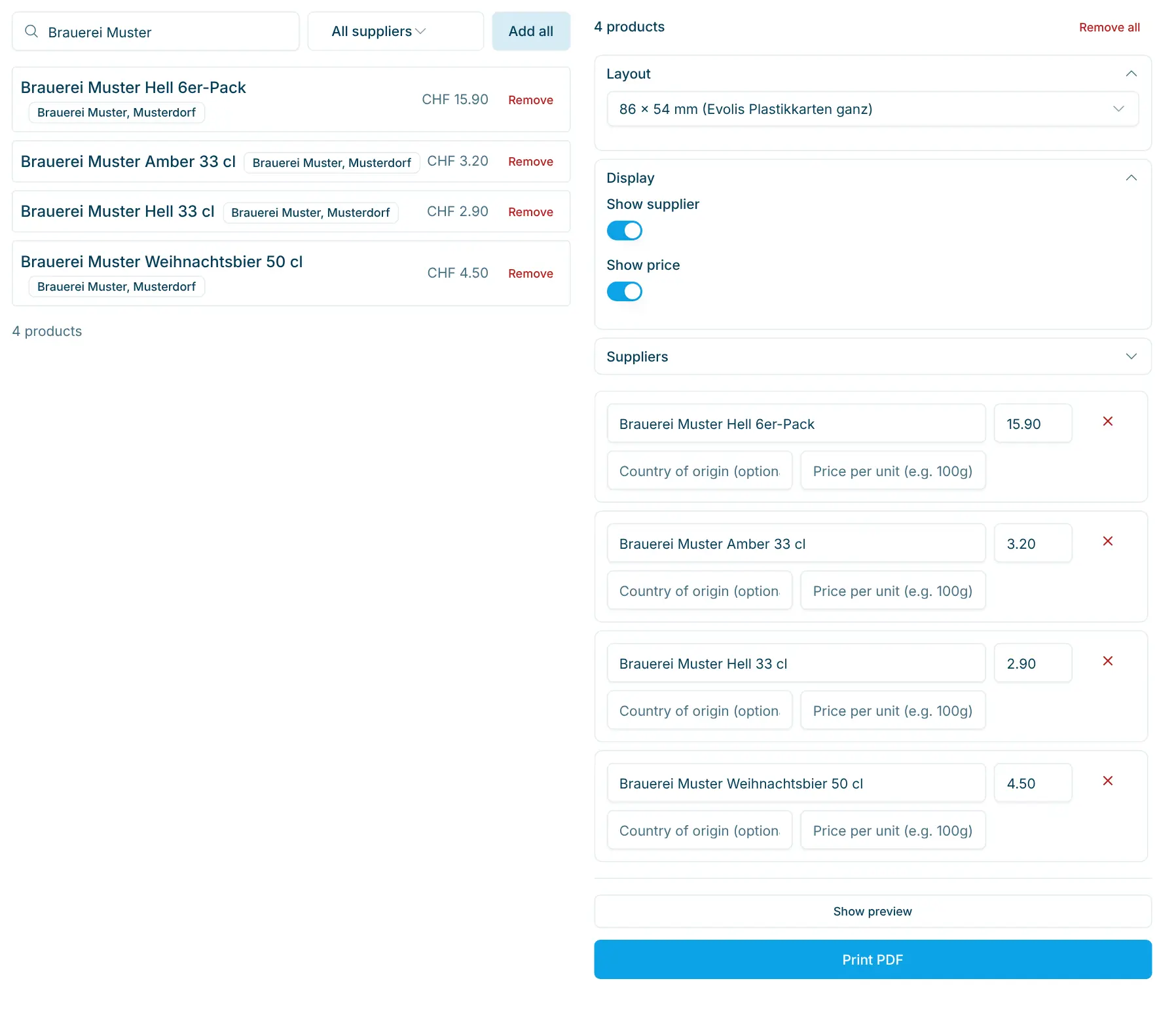 Product search on the left and print queue on the right with layout and display
