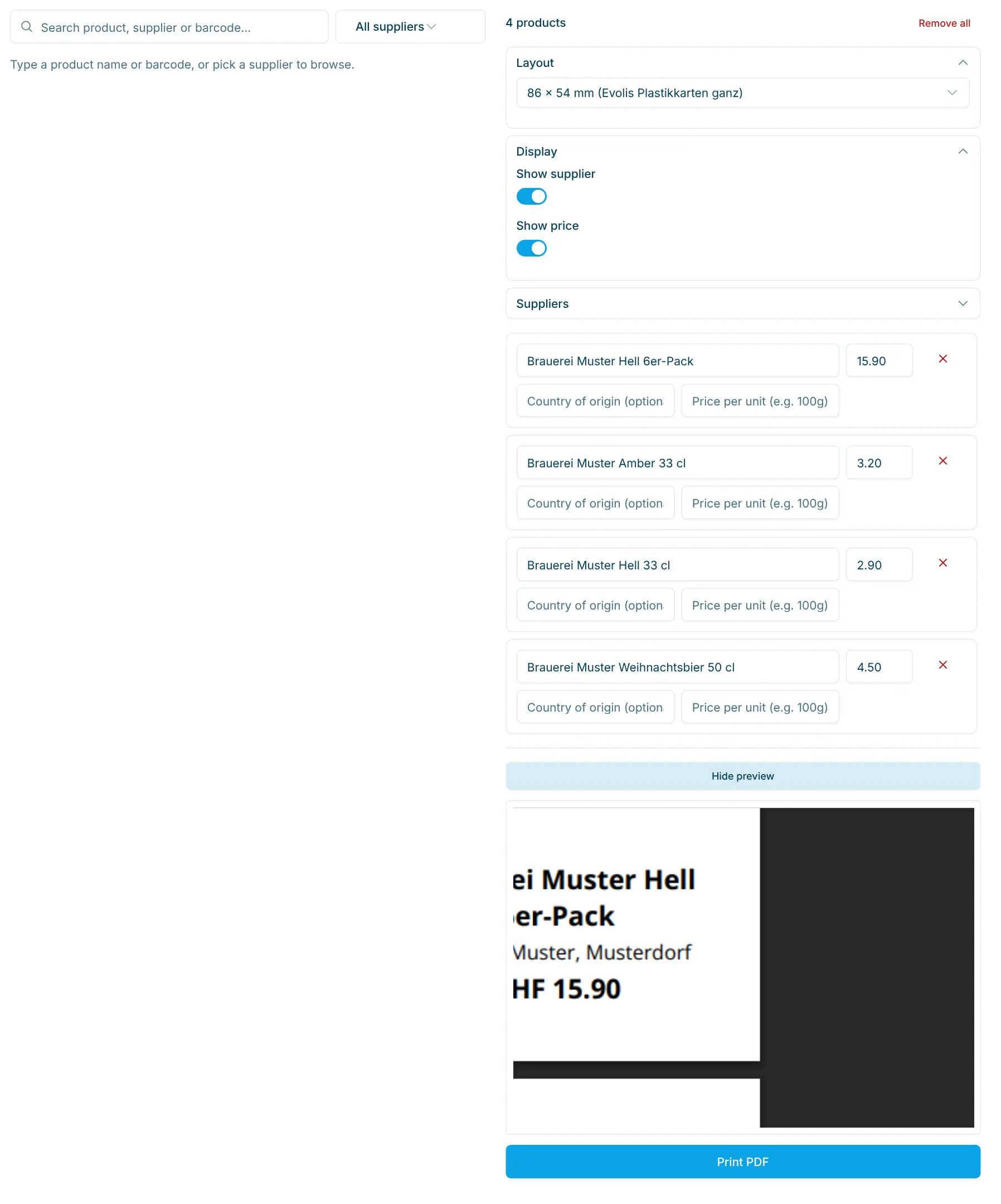 Preview of the price tags as a PDF