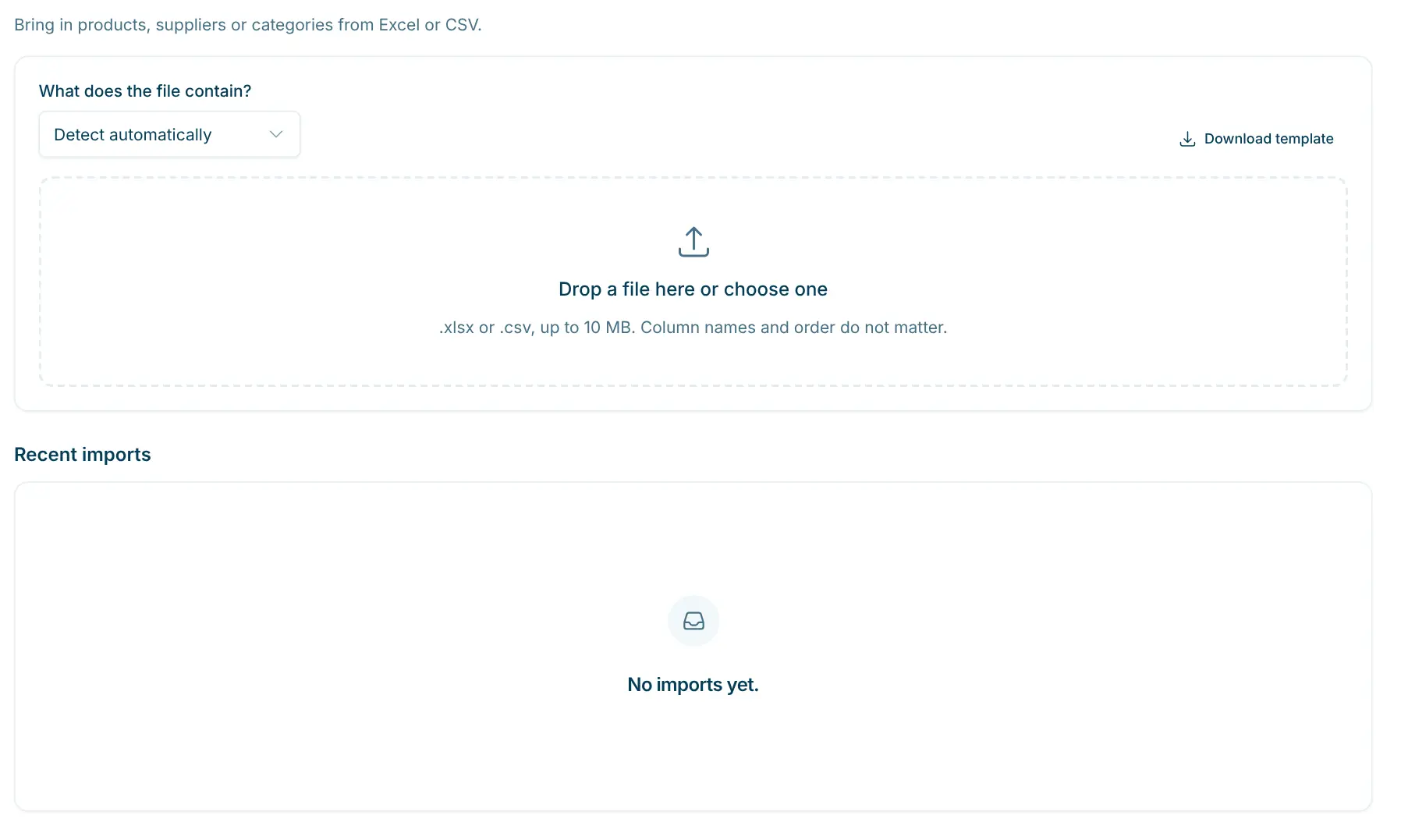 The "Import" page with file selection and recent imports