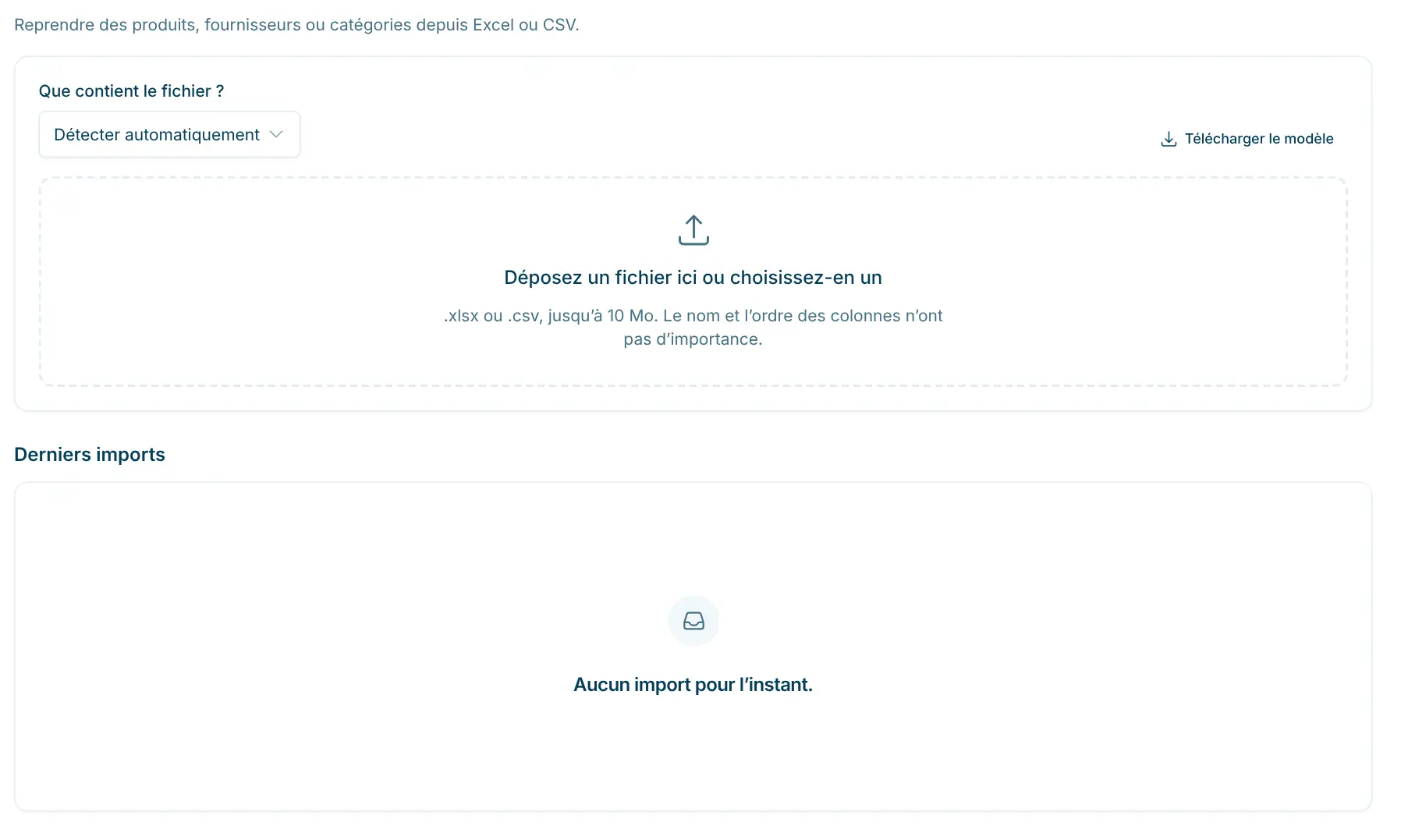 Page « Importer » avec sélection du fichier et derniers imports