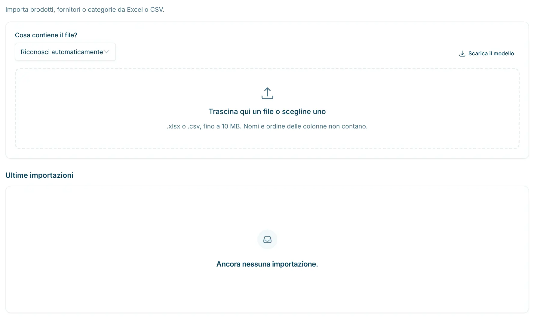 Pagina «Importare» con selezione del file e ultime importazioni