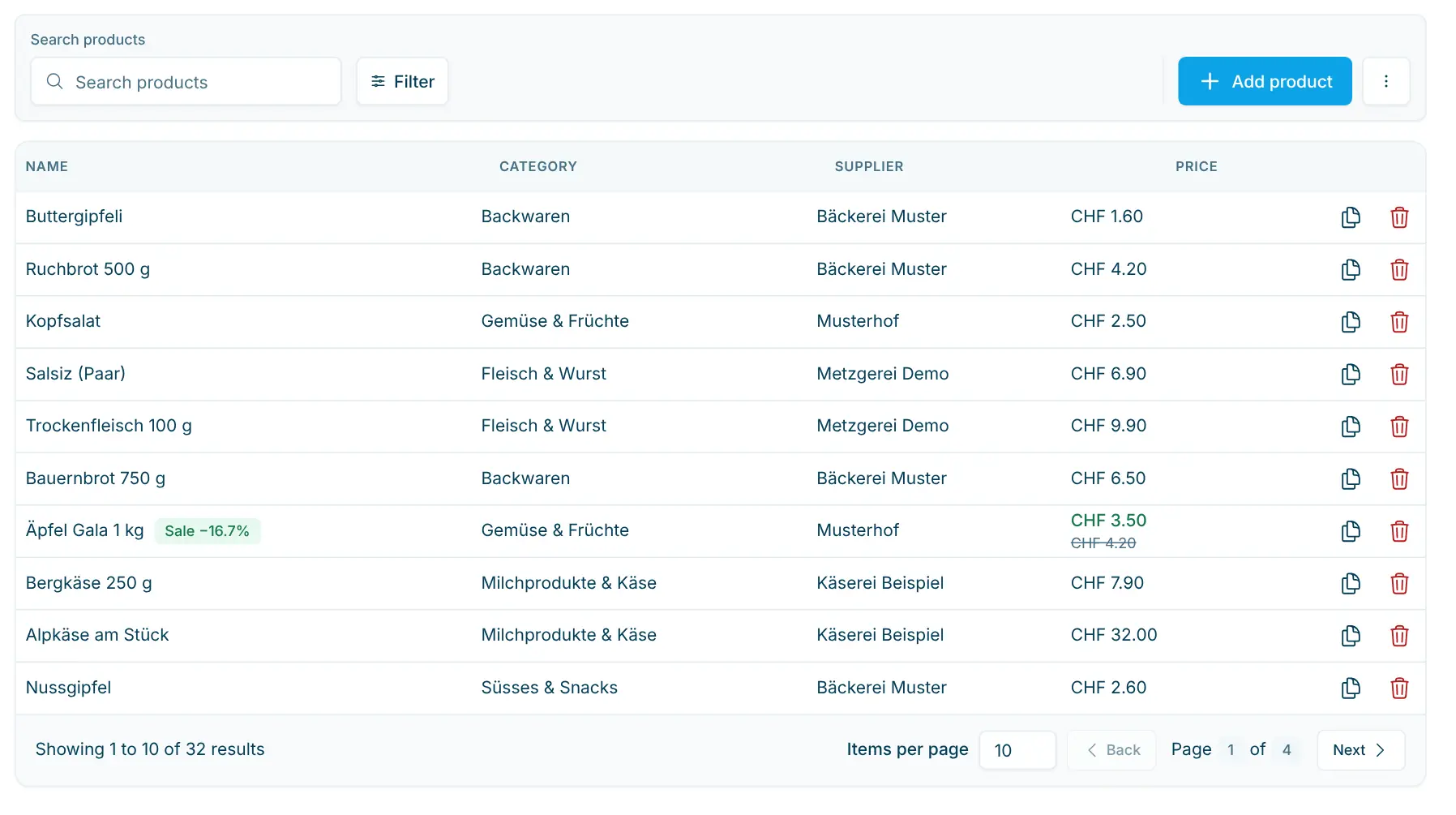 Product list with search field, filter, "Add product" button and table