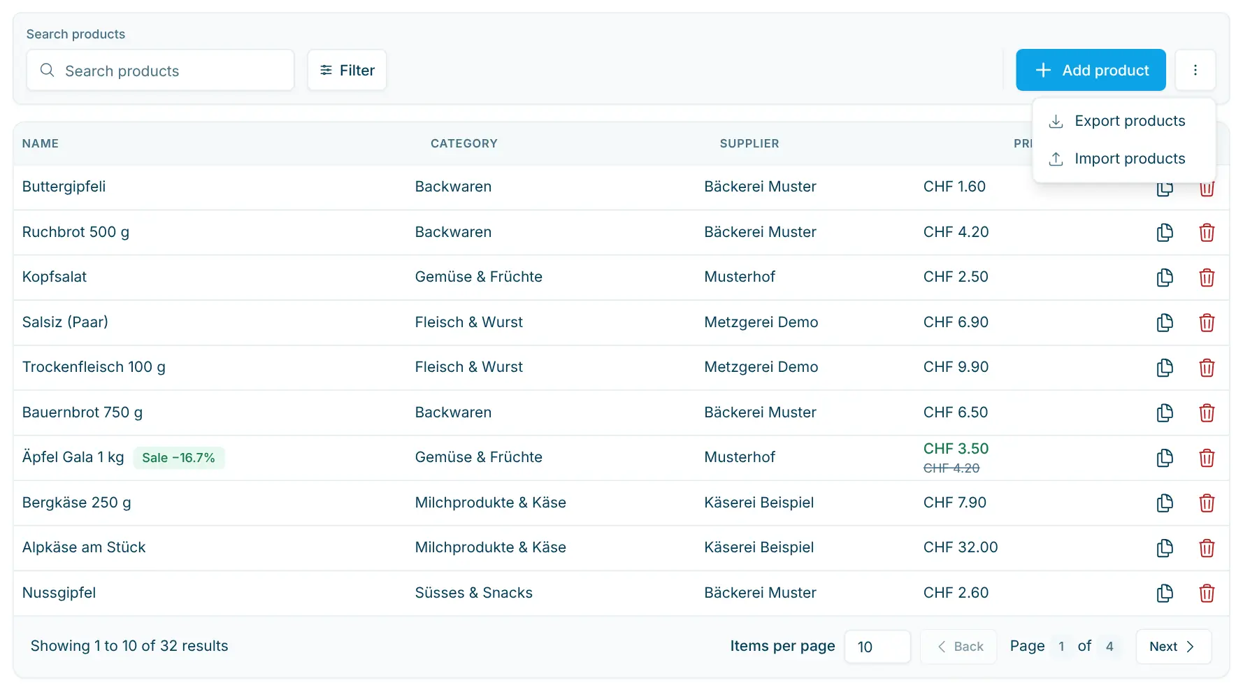 Open ⋯ menu with "Export products" and "Import products"