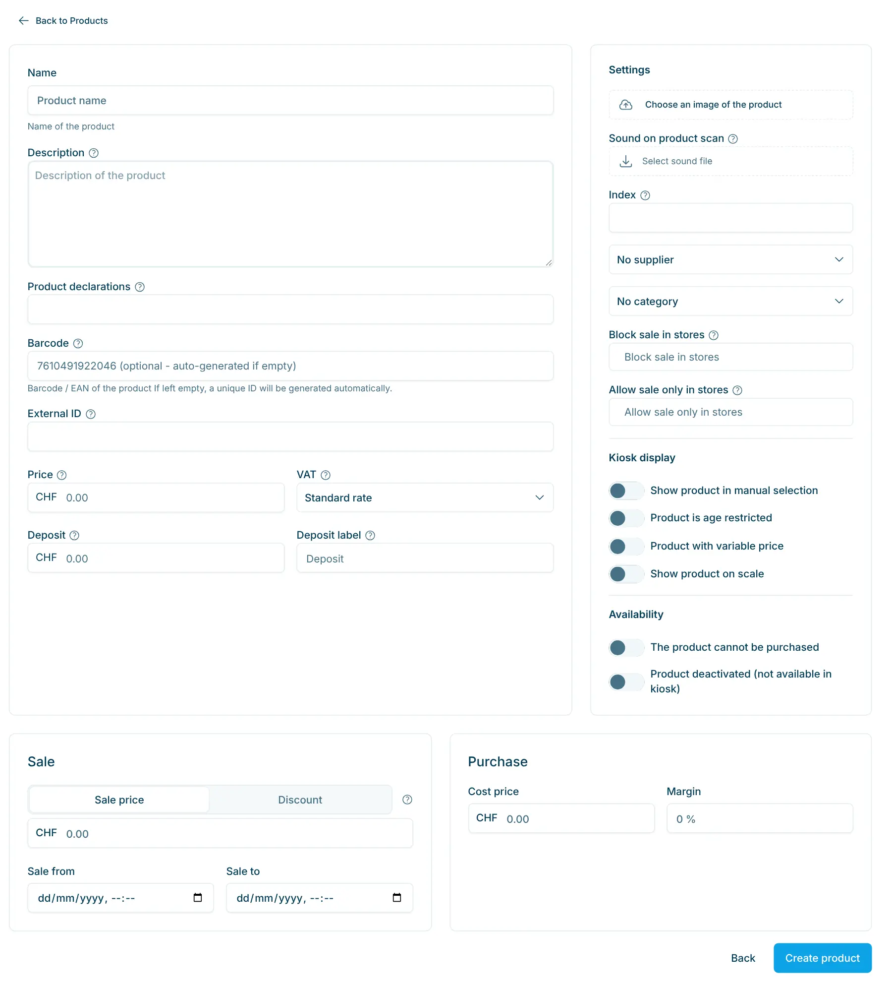 Form "New product" with basic data, settings, sale and purchase
