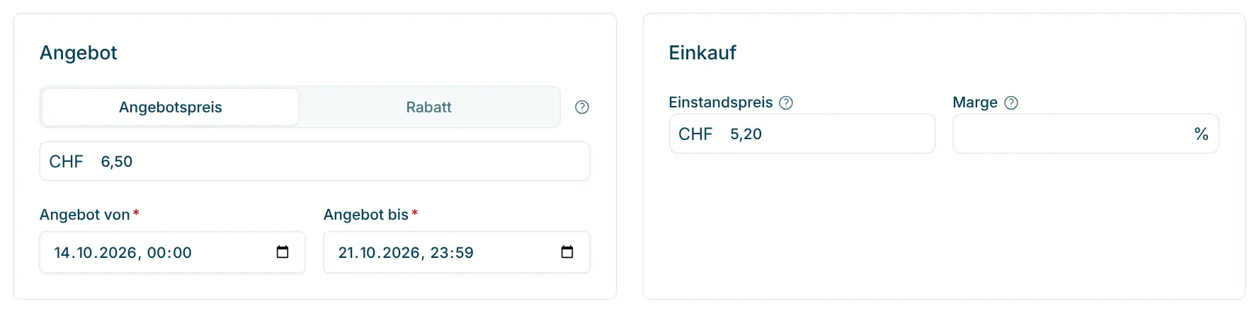 Abschnitte «Angebot» und «Einkauf» auf der Produktseite