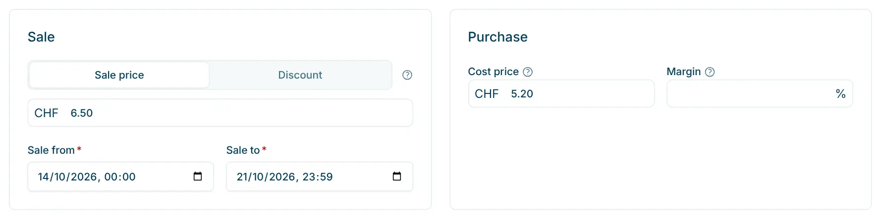 Sections "Sale" and "Purchase" on the product page